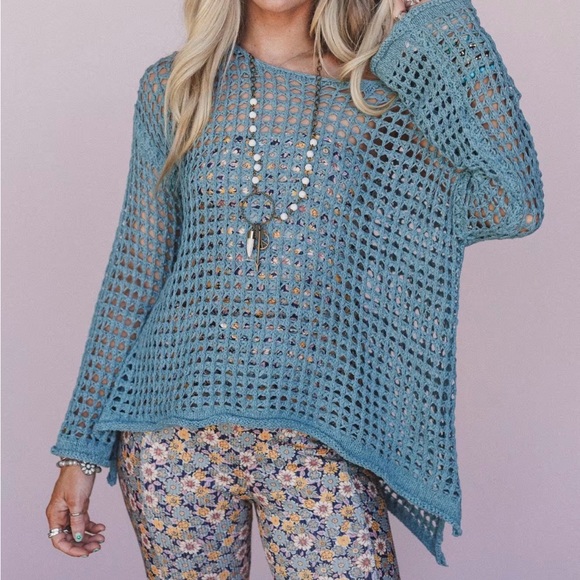 POL Sweaters - POL- NWOT Teal Crochet Knit Top